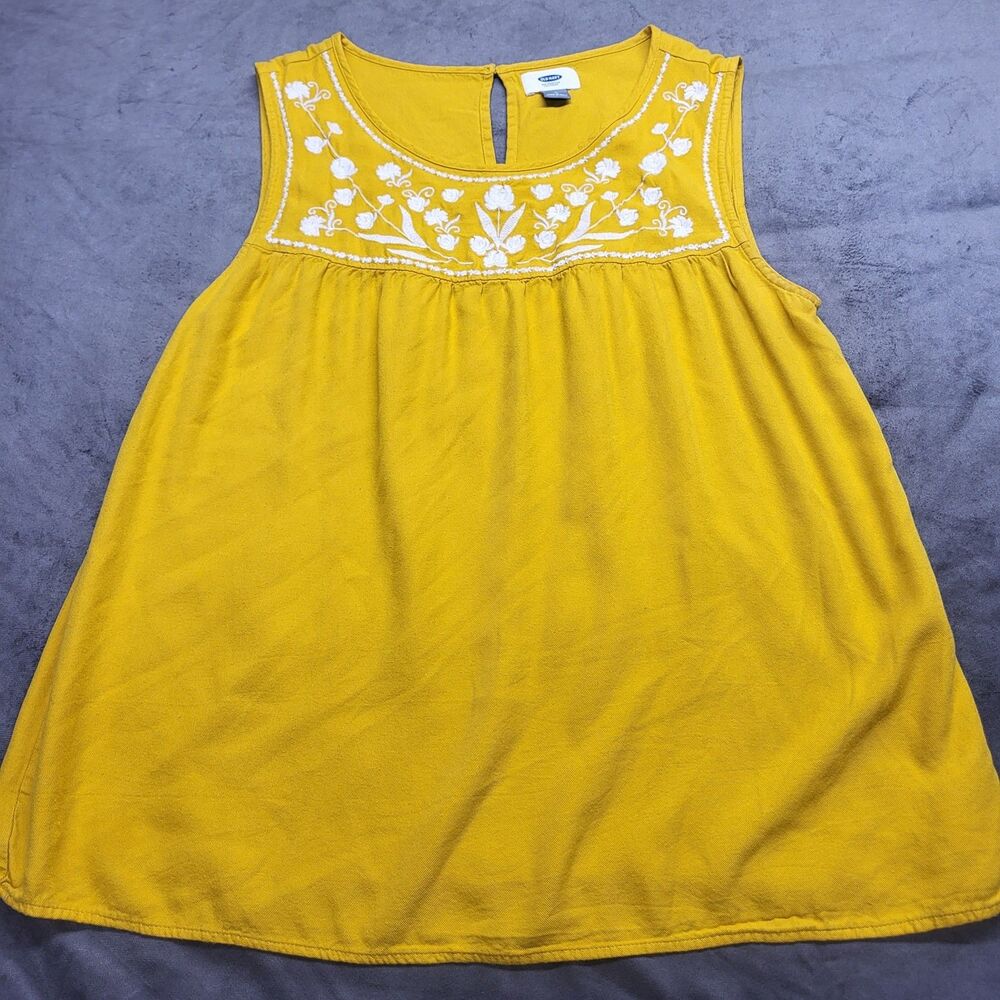 Womens OLD  Navy Swing Tank Sleeveless Shirt Yellow Large Embroidered